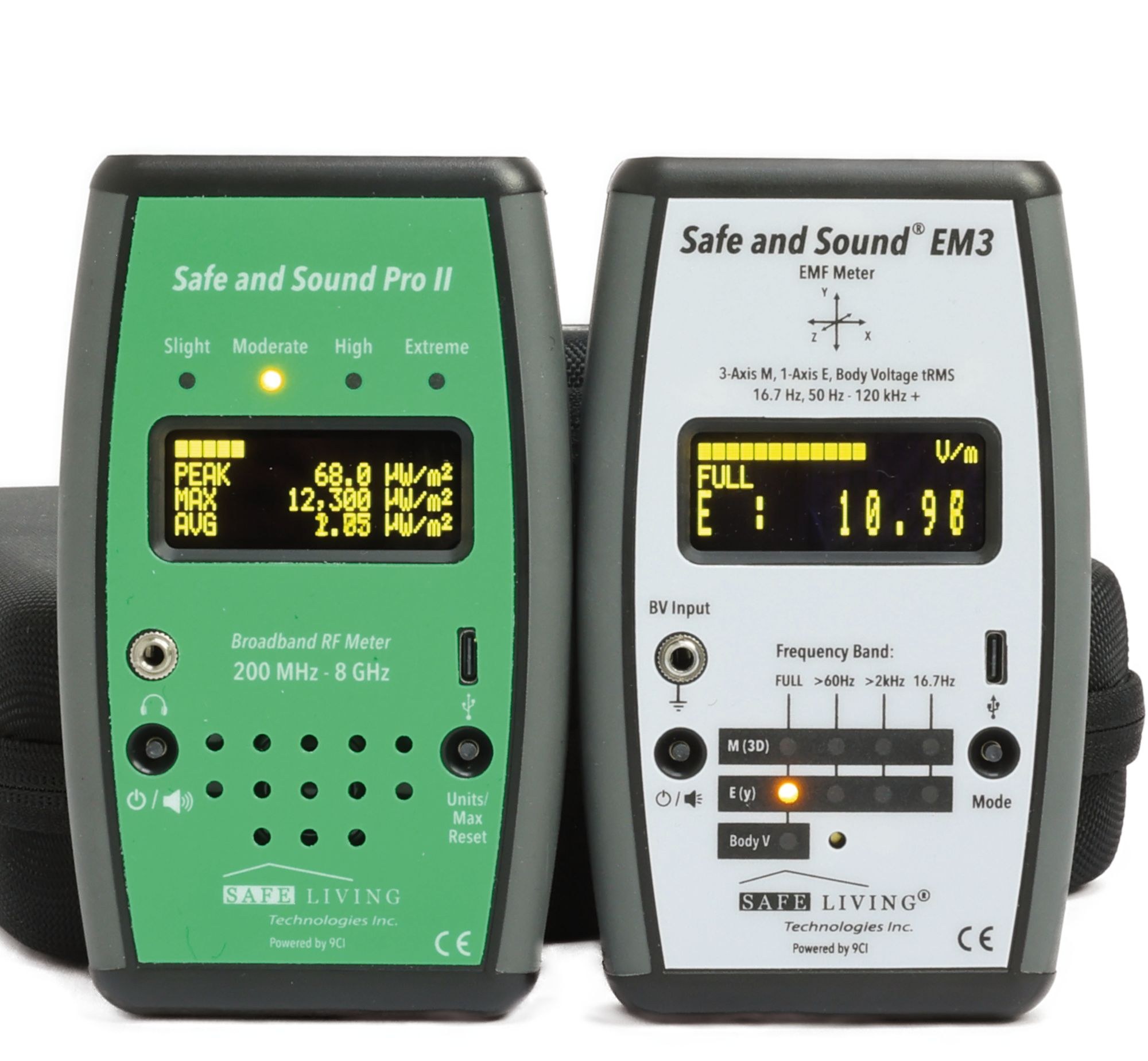 Mesureurs Safe & Sound Pro 2 (HF) et EM3 (BF), écrans en µW/m² et V/m